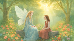 Liana, the Zana fairy, gently teaching Mirela amidst blooming flowers.