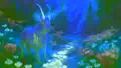 Zlatorog wounded in the magical garden with crimson flowers blooming.
