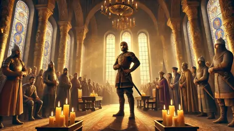 Ilya Muromets está diante do Príncipe Vladimir no grande salão de Kiev.