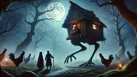 A cabana da Baba Yaga, apoiada em pernas de galinha, fica em uma clareira mágica enquanto Ivan e Pyotr se aproximam cautelosamente sob a luz do luar.