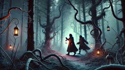 O Príncipe Ivan e Pyotr avançam cautelosamente por uma floresta russa encantada ao anoitecer, assombrados por figuras sombrias.