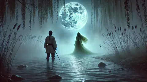 Ivan enfrenta a Rusalka em uma margem de rio iluminada pela lua, cercado por névoa e um brilho espectral.