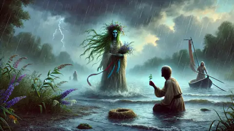 A Rusalka chora à beira do rio transbordante enquanto Ivan oferece flores na tempestade.