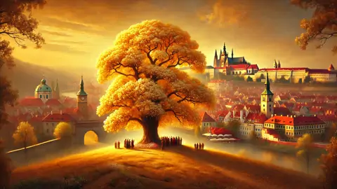 O espírito de Libuše sob um tília em flor, enquanto Praga floresce ao fundo.