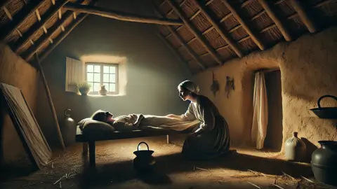 Marzena deitada febril em uma cabana escura enquanto sua mãe cuida dela.