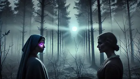 Uma mulher espectral com olhos desiguais aparece para um curandeiro em uma floresta enevoada.