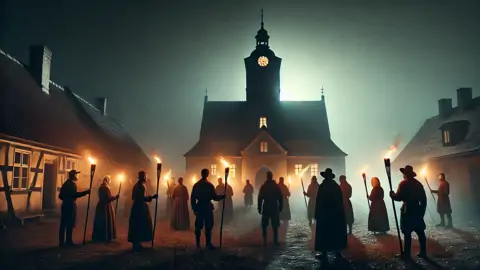 Moradores da vila se reuniram à noite em um cemitério, tochas iluminando uma sepultura recém-cavada.