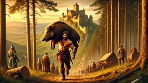 Bivoj carregando um enorme javali selvagem nos ombros em direção ao Castelo de Vysehrad.