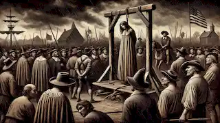 Un gibet se dresse alors que les villageois se rassemblent pour l'exécution d'une sorcière accusée durant les procès des sorcières de Salem.