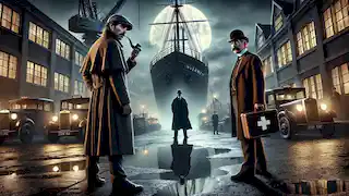 Un tenso enfrentamiento en los muelles, donde Holmes y Watson se encuentran frente a un hombre que intenta embarcarse en un barco.