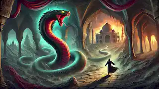 El sultán, transformado en serpiente por la maldición, huye hacia un oscuro túnel subterráneo.
