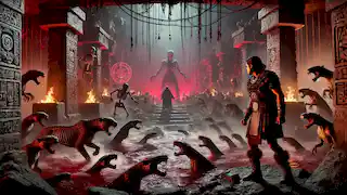 Ek Chuah se encuentra ante un río de sangre, rodeado de serpientes, en Mitnal. Lo rodean símbolos brillantes y sirvientes esqueléticos.