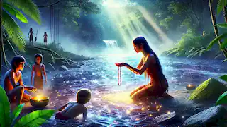 Ana s'agenouille près de l'eau scintillante, offrant le collier de son frère en sacrifice pour libérer Iara de sa malédiction.