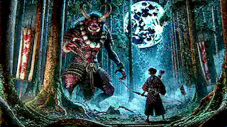 Haruto se enfrenta al imponente Oni en un denso bosque, apuntando con su arco con valentía y determinación.