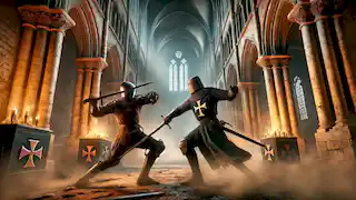 Geoffrey de Charney kämpft gegen den Anführer des Schwarzen Kreuzes unter der Kathedrale von Chartres.