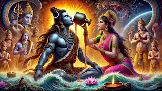 El Señor Shiva bebe el letal veneno Halahala con Parvati a su lado para detener su propagación.
