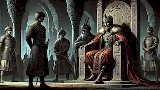Siyâvash se presenta ante el trono de Afrâsiyâb mientras la corte observa con tensión, con Garsivaz esbozando una sonrisa astuta y manipuladora.