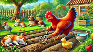 La pequeña gallina roja está sembrando trigo en su jardín, mientras el perezoso gato, el perro y el pato observan sin ayudar.