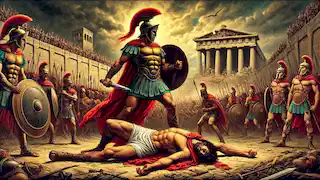 La muerte de Héctor a manos de Aquiles durante su duelo ante las puertas de Troya.