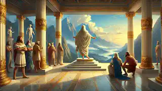 Zeus steht auf einem Balkon, von dem aus er die Welt überblickt, während sich die anderen Götter um ihn versammeln und den Beginn der olympischen Ära signalisieren.