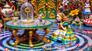 Alice pleure près d'une table en verre, sur laquelle repose une clé dorée, entourée d'une flaque de ses propres larmes, soulignant ainsi sa petite taille.