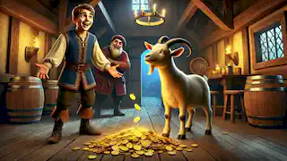 Hans con la cabra mágica que produce monedas de oro, mientras el posadero observa desde las sombras.