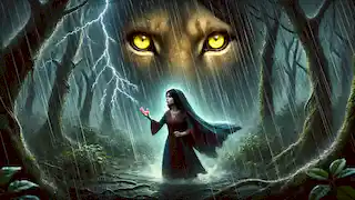 Laila se tient devant les yeux brillants du Lion Gardien dans une forêt tempétueuse, affichant à la fois émerveillement et détermination.
