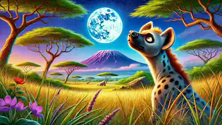 Mwizi, la hiena, contemplando la brillante luna llena, con la sabana de fondo.