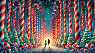 Marie und der Nussknacker-Prinz schlendern durch den leuchtenden Pfefferminzwald, wo zuckerstreifenverzierte Bäume stehen und der Schnee leise vom Himmel fällt.
