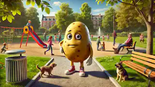 Spud, el patán de sofá, observa un parque animado con personas, árboles y una ardilla cercana.