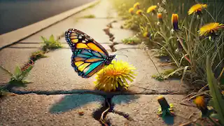 Una mariposa posada sobre un diente de león en una acera agrietada.