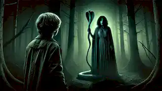 Goody Cloyse sostiene el báculo serpentino en un claro del bosque, mientras Goodman Brown observa en estado de shock desde las sombras.