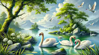 Cisnes nadando pacíficamente en las tranquilas aguas de Inis Glora.