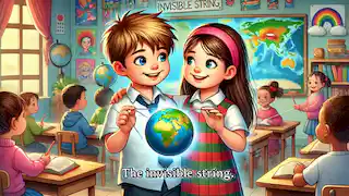 Dos niños pequeños conversan con alegría sobre el concepto del Hilo Invisible en un aula escolar.