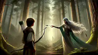 Una escena mística en un bosque persa donde la hechicera Ahrisha le ofrece a Mehrdad una Flecha Venenosa.