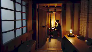 Una puerta cerrada con una suave luz de vela que brilla a través de ella, mientras Yukiko se mueve detrás, creando una atmósfera misteriosa.