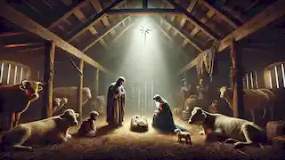 María y José con el niño Jesús recién nacido en un establo, visitados por los magos que les presentan regalos.