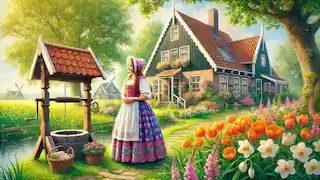 Katrina Van Tassel, una joven vestida con atuendo tradicional, de pie junto a una granja.