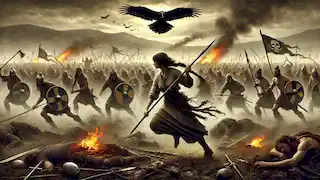 Brigid lucha con ferocidad en el campo de batalla durante Samhain, mientras la Morrighan aparece en el cielo como un cuervo.