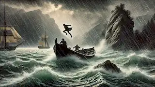 Guillermo Tell escapando de un barco durante una tormenta en el Lago de Lucerna.