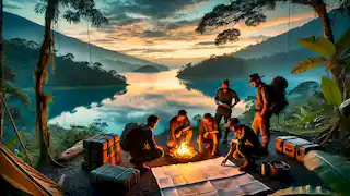 Diego y su equipo instalando el campamento junto al Lago Guatavita al amanecer.