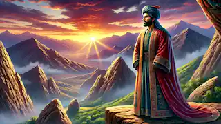 El Rey Khosrow se encuentra en un acantilado montañoso al atardecer, mirando hacia el horizonte en profunda contemplación.