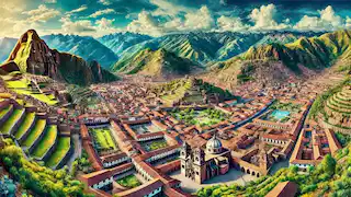 Vista aérea de la antigua ciudad de Cusco, rodeada por la cordillera de los Andes.