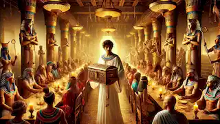 Seth presenta un elaborado cofre dorado durante un gran banquete, rodeado de dioses y diosas egipcios.