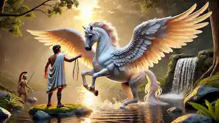 Belerofonte se acerca con delicadeza a Pegaso, sosteniendo un freno de oro junto a un sereno manantial griego al amanecer.
