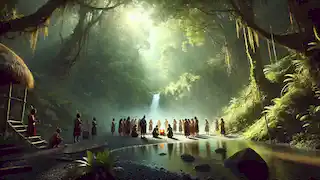 Los habitantes mapuches ofrendando sacrificios en un manantial sagrado en lo profundo del bosque.