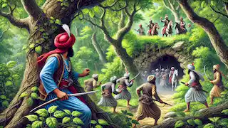 Ali Baba se esconde en un árbol, observando cómo cuarenta ladrones entran en una cueva.