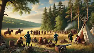 Cazadores en el campo rural de Francia del siglo XVIII preparando sus herramientas y equipos cerca de un bosque en un ambiente tranquilo pero lleno de expectativa.