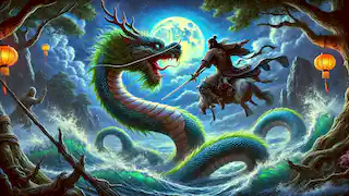 Alpamys lucha contra una inmensa serpiente en un río tumultuoso, empuñando su espada sobre su caballo enhiesto, Bai Shubar.