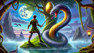 Askeladden se enfrenta a una enorme serpiente que custodia un huevo dorado en un árbol junto al lago iluminado por la luna.
